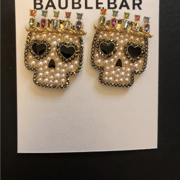 Baublebar Gold Tone Sugar Skull King Stud Drop Earrings Faux Pearl & Crystal NEW - Picture 7 of 11